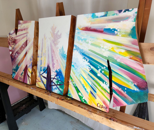 Sunburst Windows .~28" x 68",  Acrylic on Live Edge Slabs, © 2022 Cedar Lee