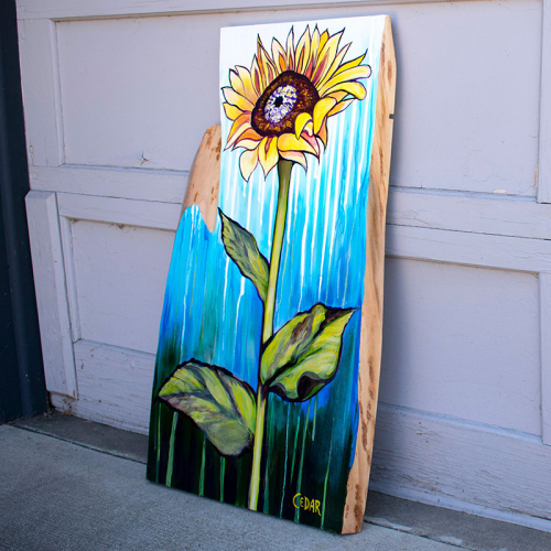 Sunflower With Rain. ~33" x 19", Acrylic on Live Edge Slab, © 2020 Cedar Lee
