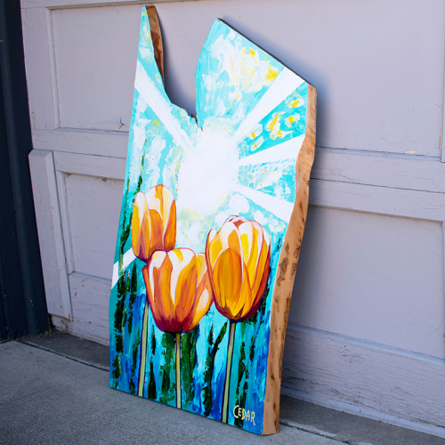 Sunlit Tulips. ~34" x 20", Acrylic on Live Edge Slab, © 2020 Cedar Lee
