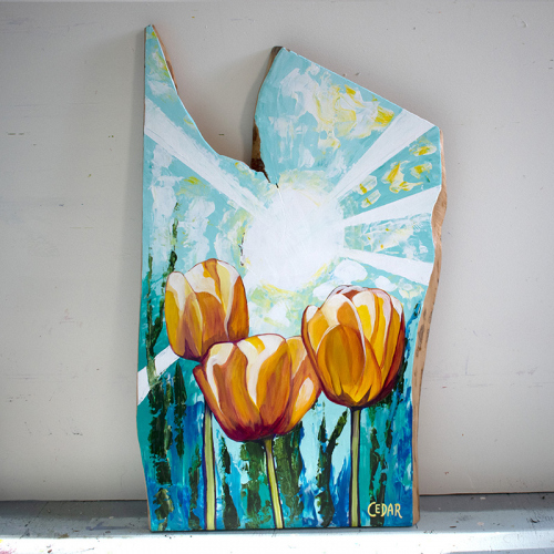 Sunlit Tulips. ~34" x 20", Acrylic on Live Edge Slab, © 2020 Cedar Lee