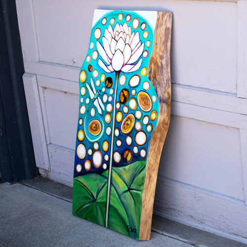 Whimsical Lotus With Dragonfly. ~32" x 20", Acrylic on Live Edge Slab, © 2020 Cedar Lee