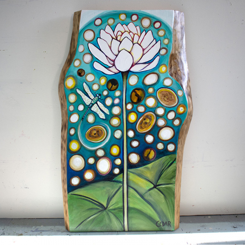 Whimsical Lotus With Dragonfly. ~32" x 20", Acrylic on Live Edge Slab, © 2020 Cedar Lee