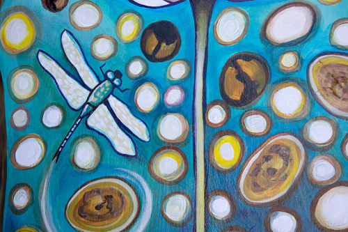 Detail: Whimsical Lotus With Dragonfly. ~32" x 20", Acrylic on Live Edge Slab, © 2020 Cedar Lee