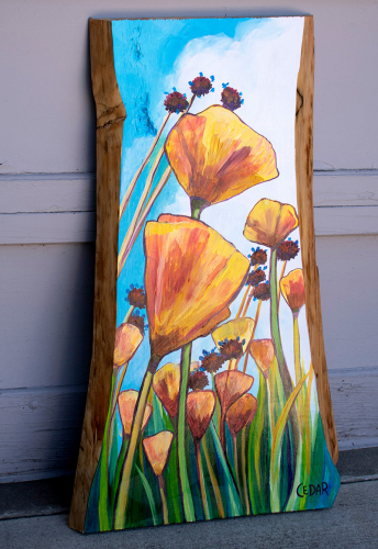 Wildflowers Reaching. ~32" x 19", Acrylic on Live Edge Slab, © 2020 Cedar Lee