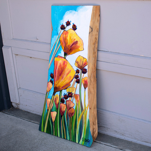 Wildflowers Reaching. ~32" x 19", Acrylic on Live Edge Slab, © 2020 Cedar Lee