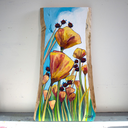 Wildflowers Reaching. ~32" x 19", Acrylic on Live Edge Slab, © 2020 Cedar Lee