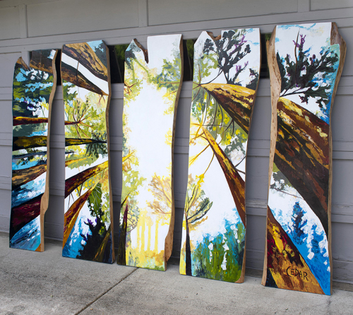 Windows to the Sun. ~5.5' x 9', Acrylic on 5 Live Edge Slabs, © 2020 Cedar Lee