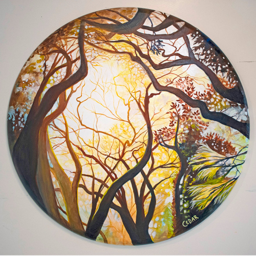 Tropical Glow. 36" Diameter, Acrylic on Canvas, © 2020 Cedar Lee