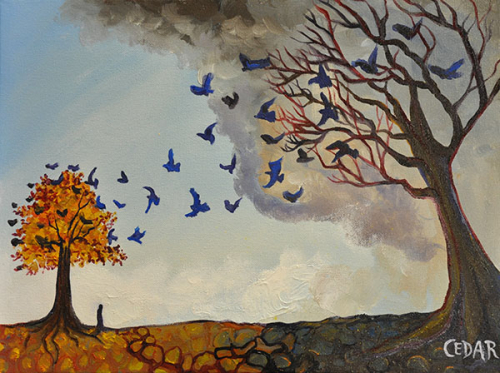 Bluebirds. 12" x 16", Oil on Canvas, © 2016 Cedar Lee