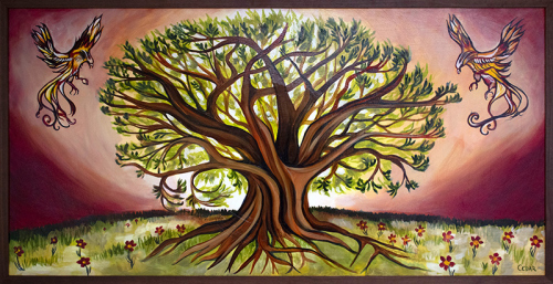 Tree of Life With Phoenixes. 30" x 60", Acrylic on Linen, © 2021 Cedar Lee