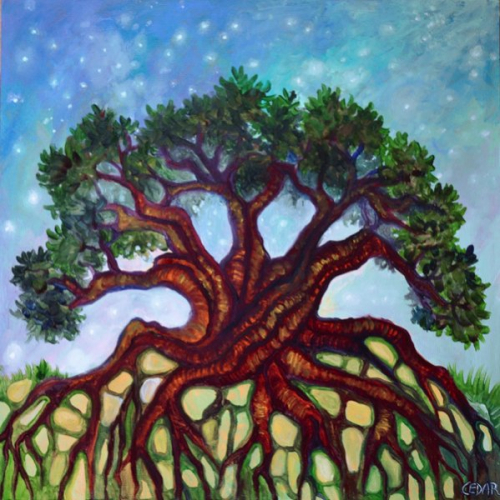 Verdant Tree of Life. 16" x 16", Oil on Wood, © 2013 Cedar Lee