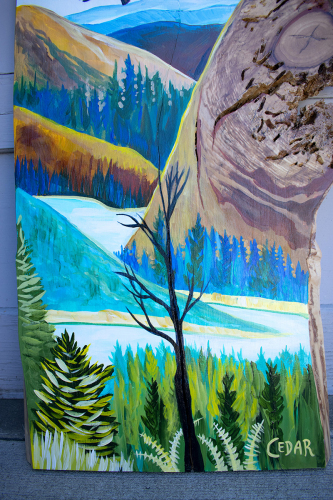 Detail: Above the Mountains. ~32" x 20", Acrylic on Live Edge Slab, © 2020 Cedar Lee