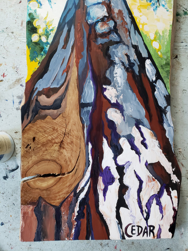 Detail: Base of the Redwood. 67" x 18", Acrylic on Live Edge Slab, © 2020 Cedar Lee