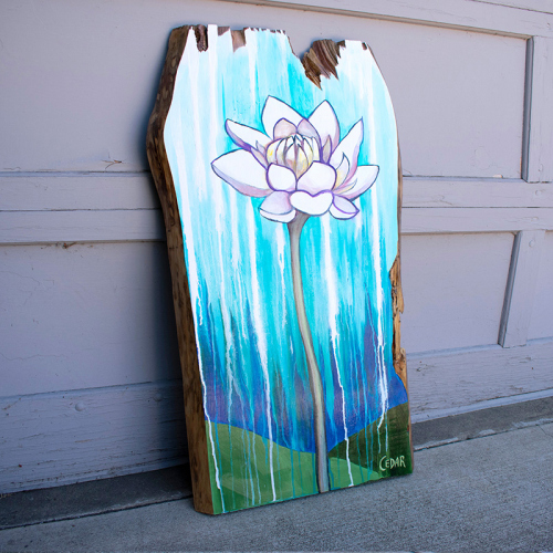 Lotus With Rain. ~32" x 19", Acrylic on Live Edge Slab, © 2020 Cedar Lee