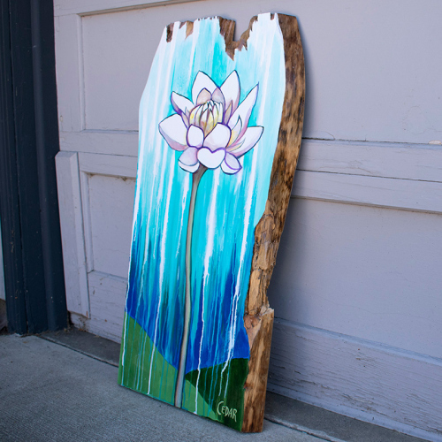 Lotus With Rain. ~32" x 19", Acrylic on Live Edge Slab, © 2020 Cedar Lee