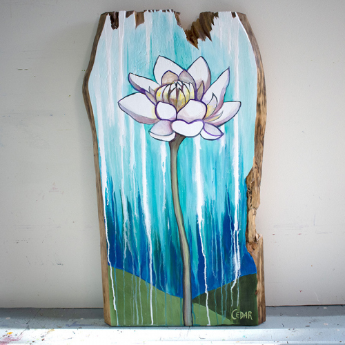 Lotus With Rain. ~32" x 19", Acrylic on Live Edge Slab, © 2020 Cedar Lee