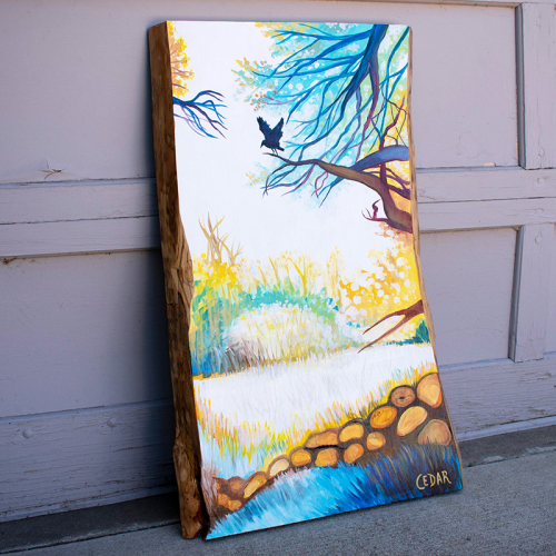 Perched in Sunlight. ~32" x 20", Acrylic on Live Edge Slab, © 2020 Cedar Lee