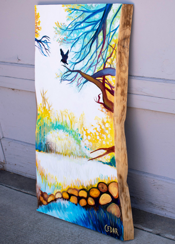 Perched in Sunlight. ~32" x 20", Acrylic on Live Edge Slab, © 2020 Cedar Lee