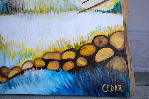 Detail: Perched in Sunlight. ~32" x 20", Acrylic on Live Edge Slab, © 2020 Cedar Lee