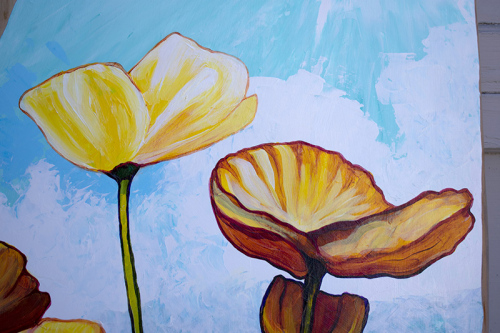 Detail: Poppies in Blue Sky. ~32" x 19", Acrylic on Live Edge Slab, © 2020 Cedar Lee