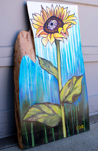 Sunflower With Rain. ~33" x 19", Acrylic on Live Edge Slab, © 2020 Cedar Lee