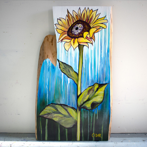 Sunflower With Rain. ~33" x 19", Acrylic on Live Edge Slab, © 2020 Cedar Lee