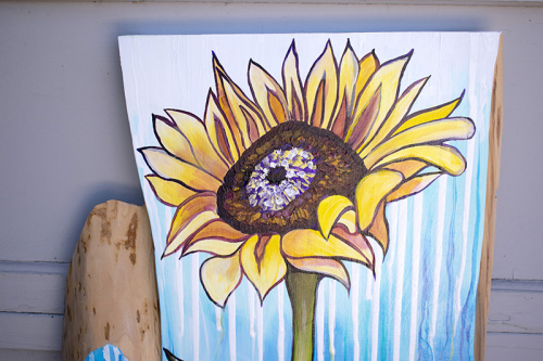 Detail: Sunflower With Rain. ~33" x 19", Acrylic on Live Edge Slab, © 2020 Cedar Lee