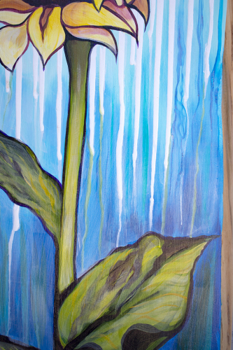 Detail: Sunflower With Rain. ~33" x 19", Acrylic on Live Edge Slab, © 2020 Cedar Lee