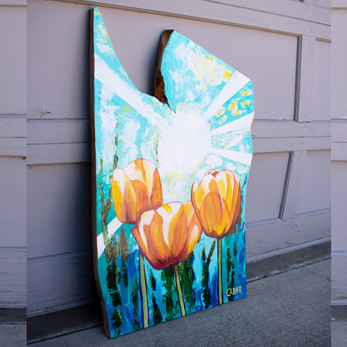 Sunlit Tulips. ~34" x 20", Acrylic on Live Edge Slab, © 2020 Cedar Lee