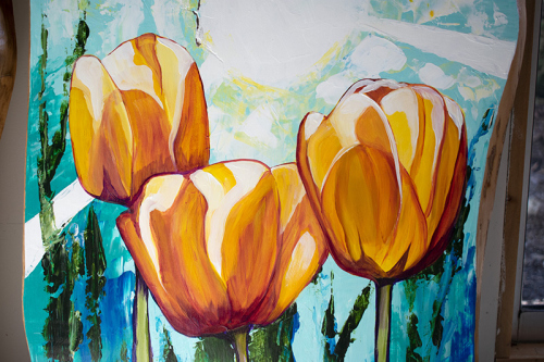 Detail: Sunlit Tulips. ~34" x 20", Acrylic on Live Edge Slab, © 2020 Cedar Lee