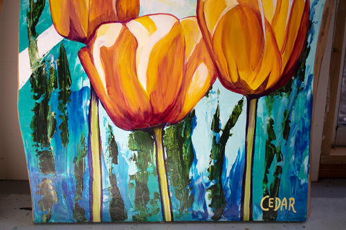 Detail: Sunlit Tulips. ~34" x 20", Acrylic on Live Edge Slab, © 2020 Cedar Lee