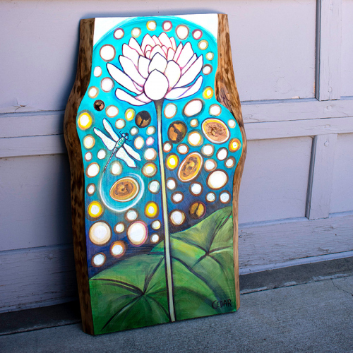 Whimsical Lotus With Dragonfly. ~32" x 20", Acrylic on Live Edge Slab, © 2020 Cedar Lee