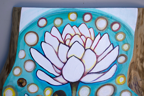 Detail: Whimsical Lotus With Dragonfly. ~32" x 20", Acrylic on Live Edge Slab, © 2020 Cedar Lee