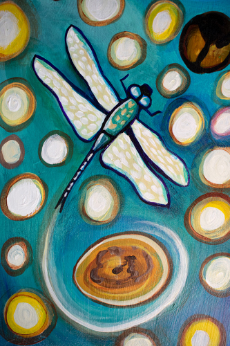 Detail: Whimsical Lotus With Dragonfly. ~32" x 20", Acrylic on Live Edge Slab, © 2020 Cedar Lee