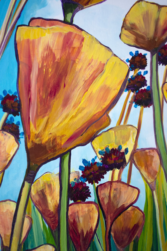 Detail: Wildflowers Reaching. ~32" x 19", Acrylic on Live Edge Slab, © 2020 Cedar Lee