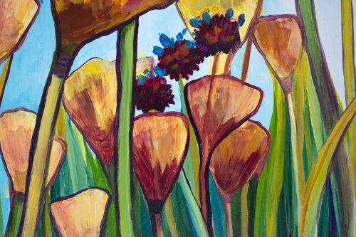 Detail: Wildflowers Reaching. ~32" x 19", Acrylic on Live Edge Slab, © 2020 Cedar Lee