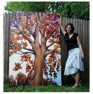 Artist Cedar Lee with her large-scale painting Autumn's Meridian
