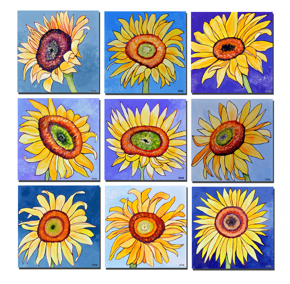Summer Gold sunflower paintings in a grid