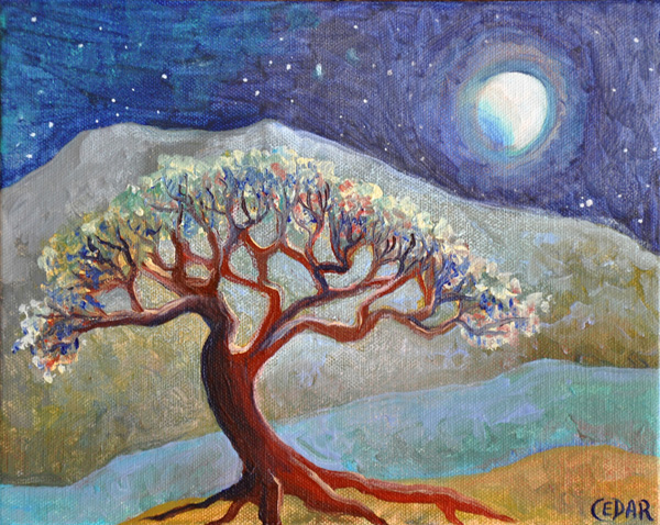 Lone Tree at Moonrise. 8" x 10", Oil on Canvas, © Cedar Lee 2013