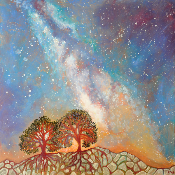 Twin Trees and the Milky Way. 36" x 36", Oil on Wood, © Cedar Lee 2013