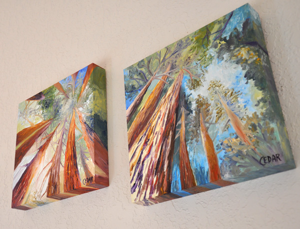 Left: Study of Redwoods in the Sun. Right: Study of Walk Under Redwoods. Both 10" x 10", Oil on Wood, © Cedar Lee 2014