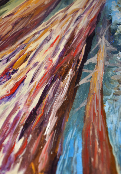 Close-Up Detail from: Study of Walk Under Redwoods. 10" x 10", Oil on Wood, © Cedar Lee 2014 Close-Up Detail from: Study of Walk Under Redwoods. 10" x 10", Oil on Wood, © Cedar Lee 2014