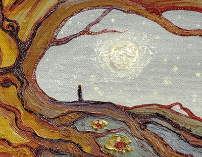 Close-up Detail: Tree, Flowers, Moon. 12" x 16", Oil on Canvas, © 2016 Cedar Lee