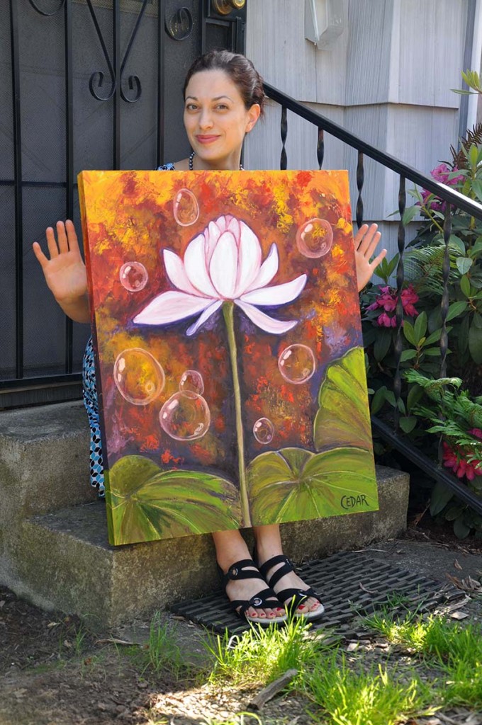 Cedar Lee with her Lotus art: Hope Bubbles Up. 30" x 24", Oil on Wood, © 2016 Cedar Lee
