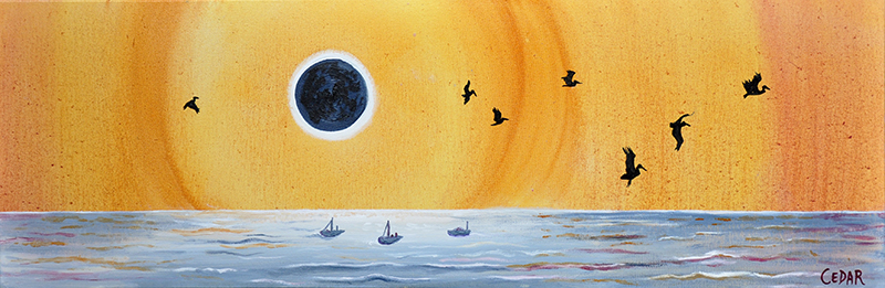 Eclipse With Pelicans. 12″ x 36″, Oil on Canvas, © 2017 Cedar Lee