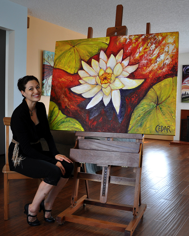 Artist Cedar Lee with her painting: Golden Lotus. 36" x 48", Oil on Wood, © Cedar Lee 2016