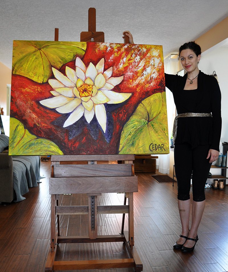 Artist Cedar Lee with her painting: Golden Lotus. 36" x 48", Oil on Wood, © Cedar Lee 2016