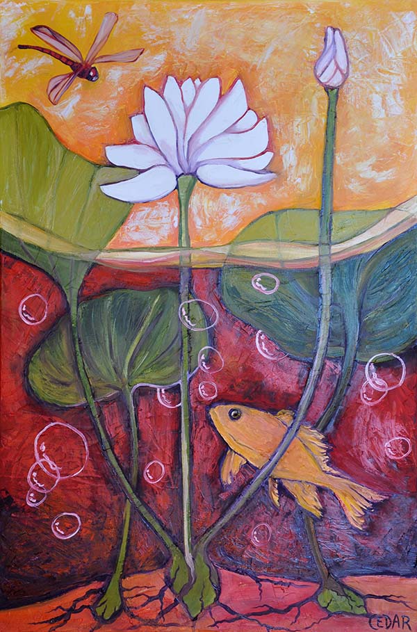 Dragonfly and Fish. 36" x 24", Oil on Canvas, © 2016 Cedar Lee