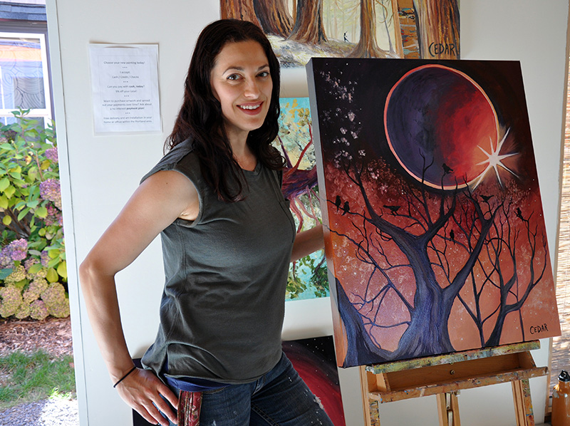 Cedar Lee with her art: Eclipse Birds. 30" x 24", Oil on Canvas, © 2016 Cedar Lee