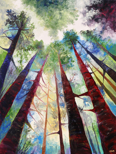 Red Trunks. 48" x 36", Oil on Wood, © 2014 Cedar Lee